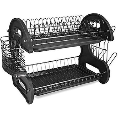 Home Basics 2 Tier Plastic Dish Drainer, Black DD10249